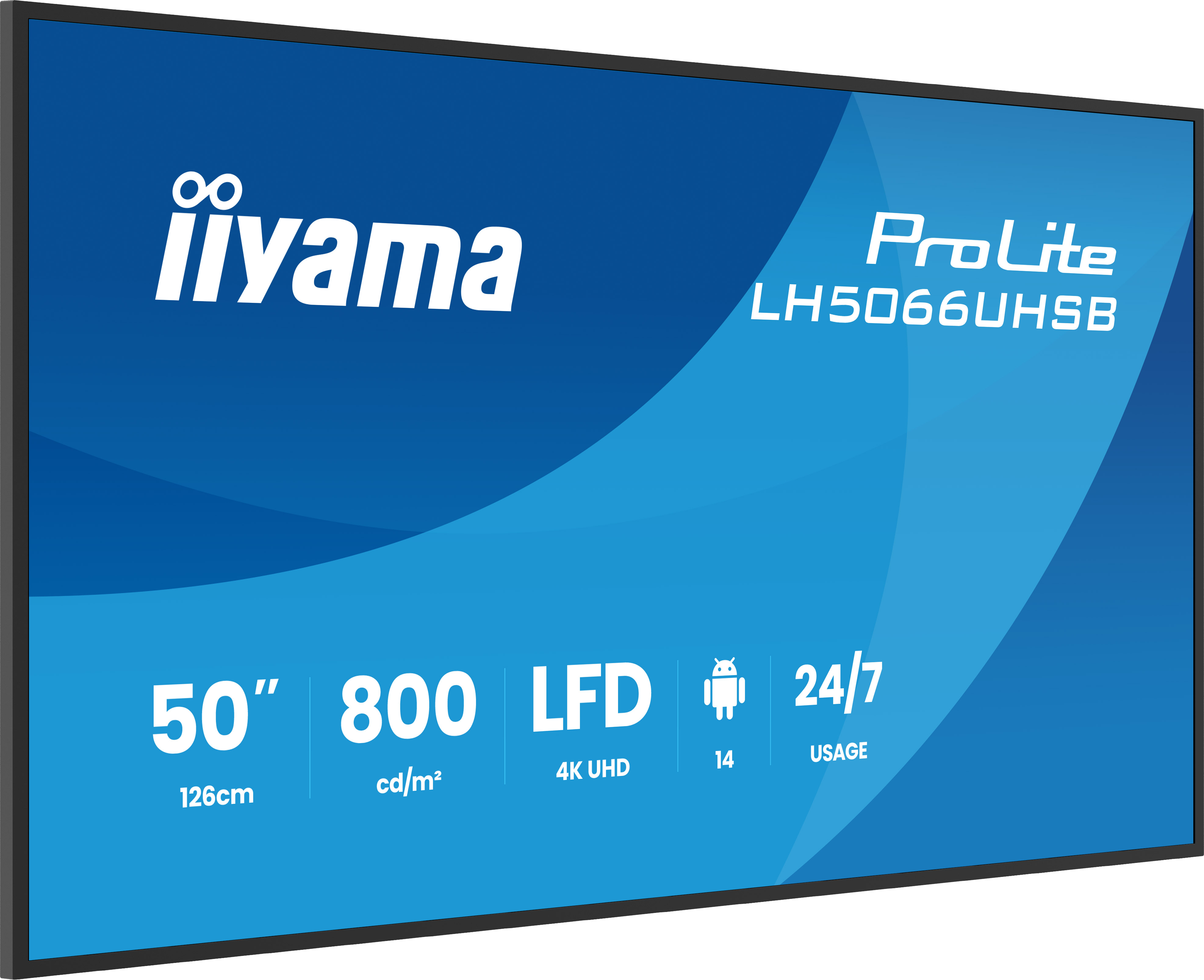 Blauer iiyama ProLite LH5066UHSB Display-Bildschirm mit technischen Daten.