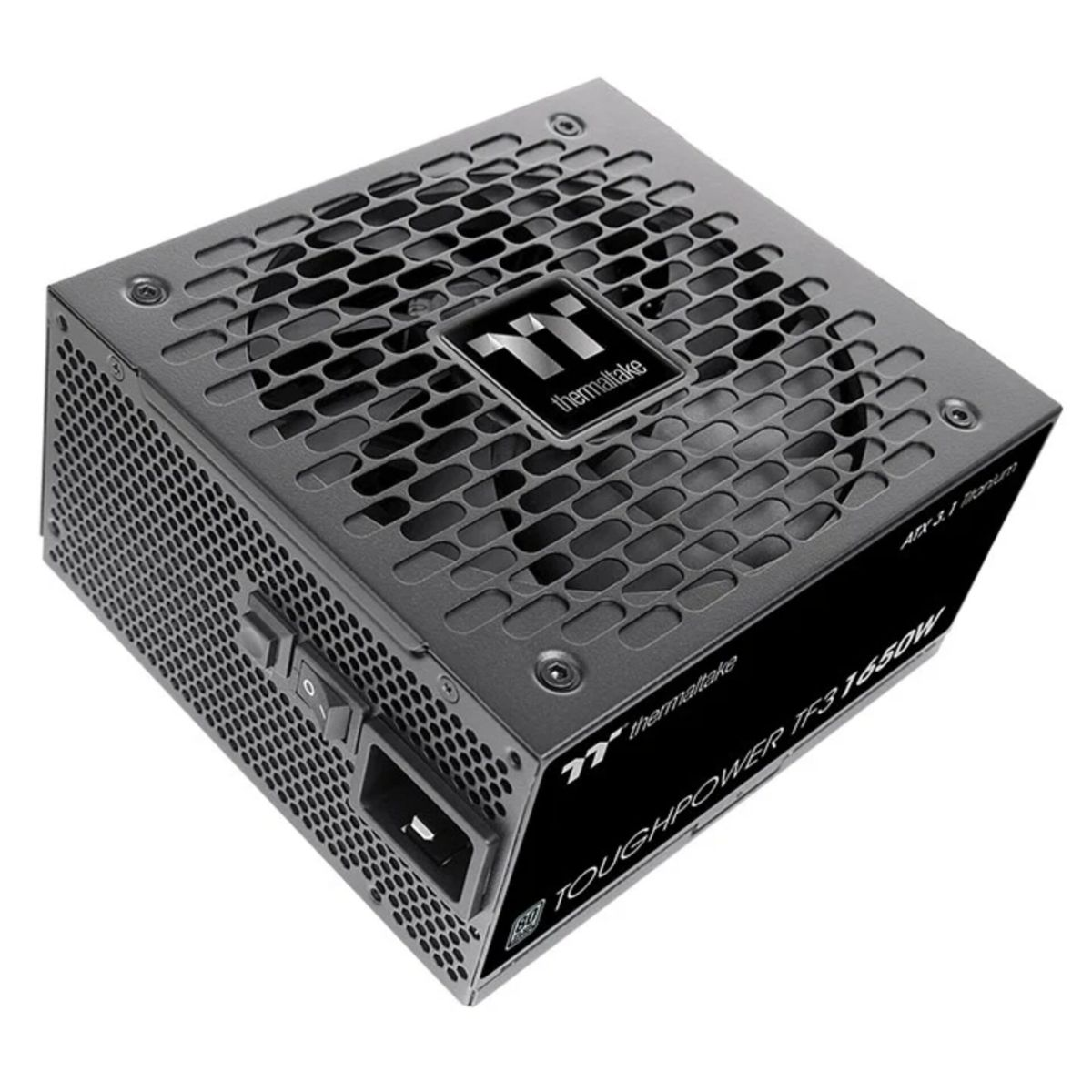 Schwarzes Thermaltake Toughpower TF3 1650W Netzteil mit Lüftungsgitter und Markenlogo auf weißem Hintergrund.
