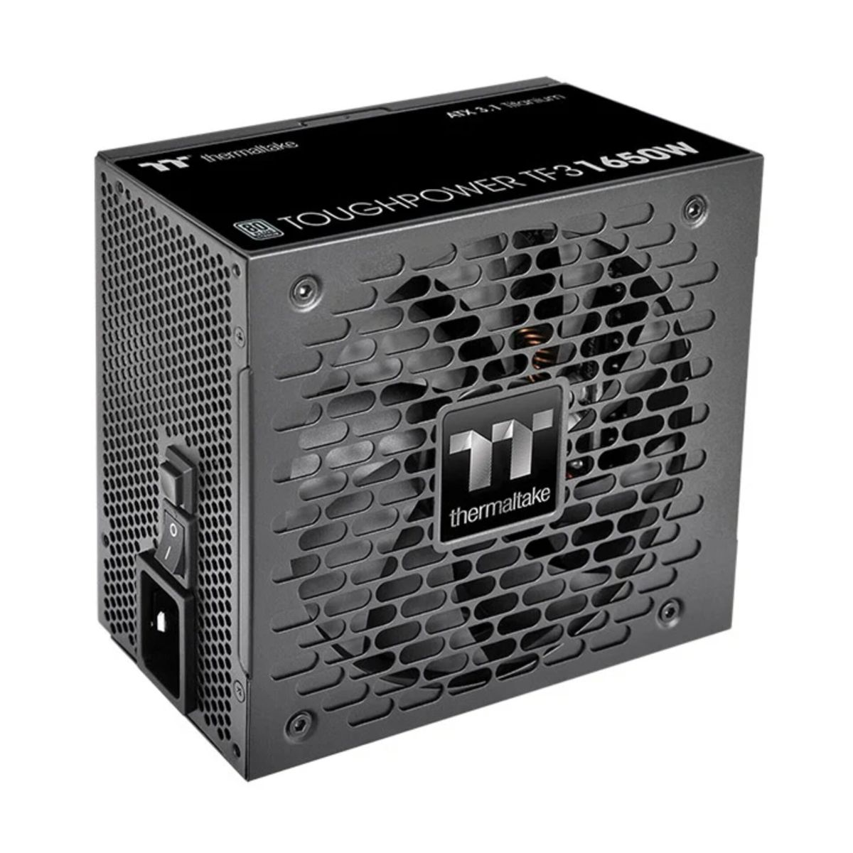 Ein schwarzes Thermaltake Toughpower TF3 1650W Netzteil mit gemustertem Lüftungsgitter und zentralem Logo.