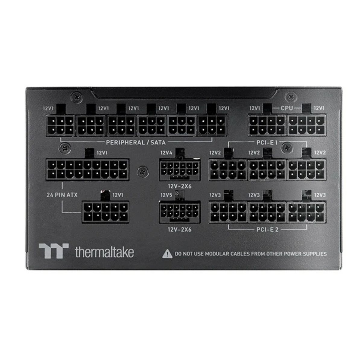Rückseite eines schwarzen Thermaltake PC-Netzteils mit beschrifteten modularer Kabelanschlüssen.