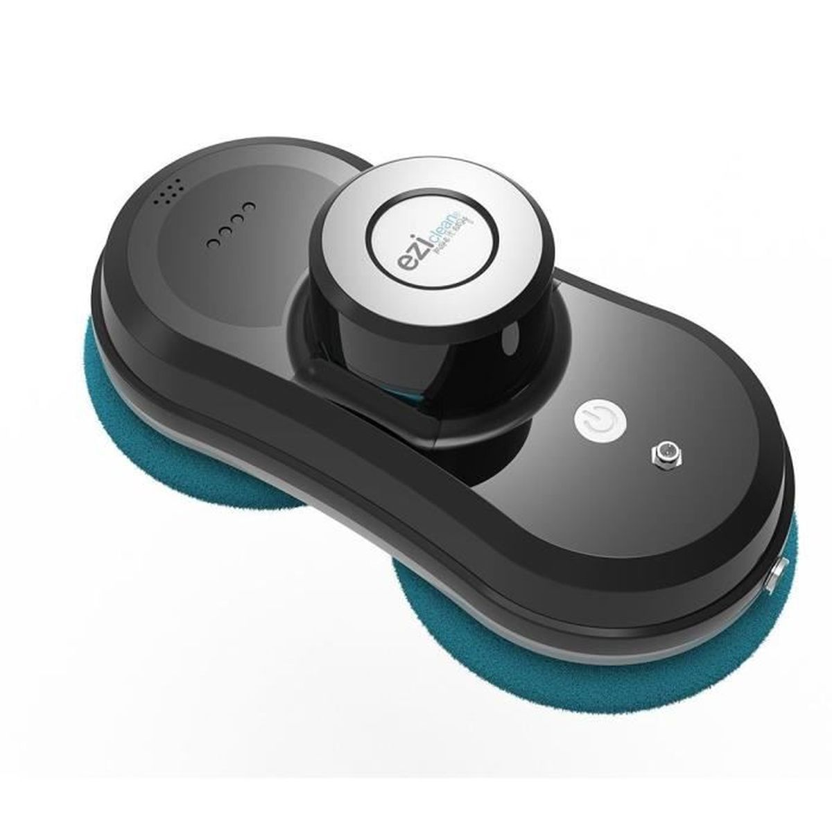 Robot pulisci vetri EziClean nero con due cuscinetti blu su sfondo bianco.