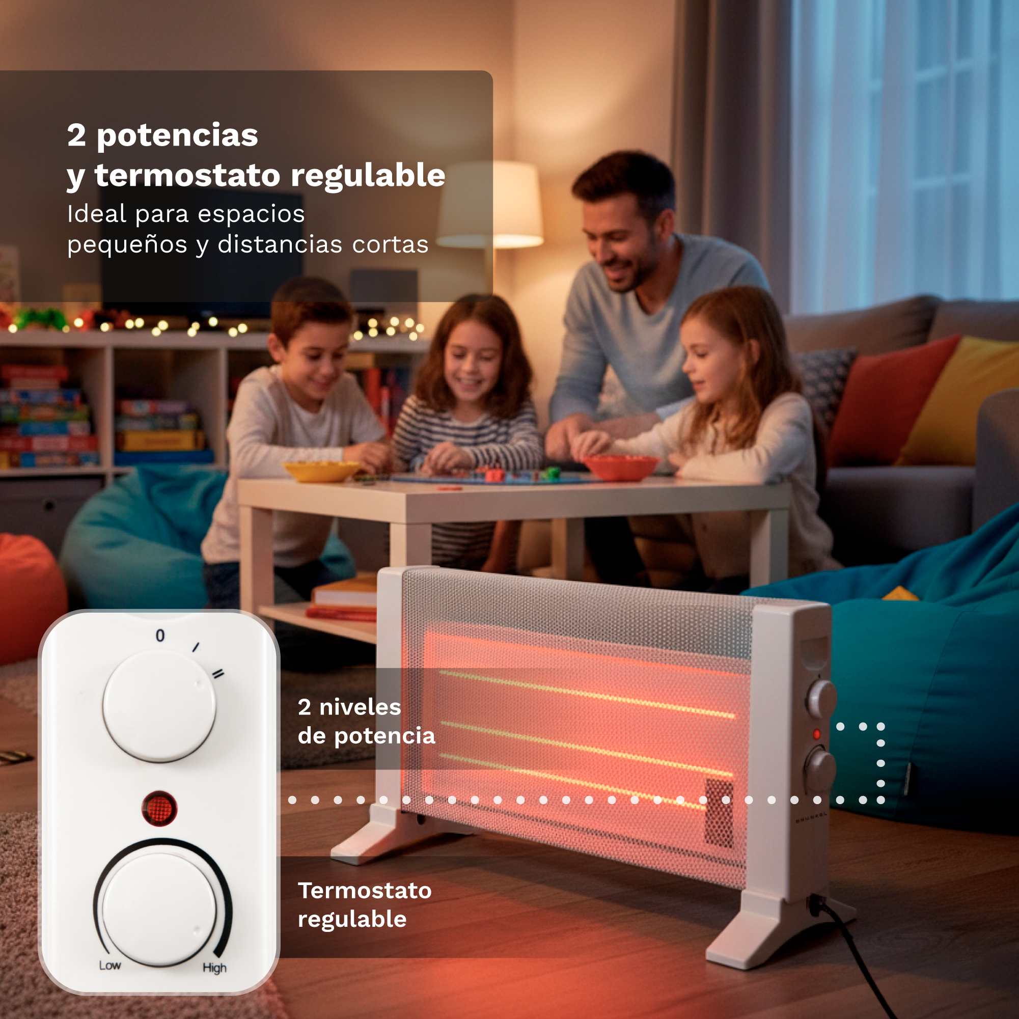 Un calefactor eléctrico con dos niveles y termostato en una sala con una familia al fondo.