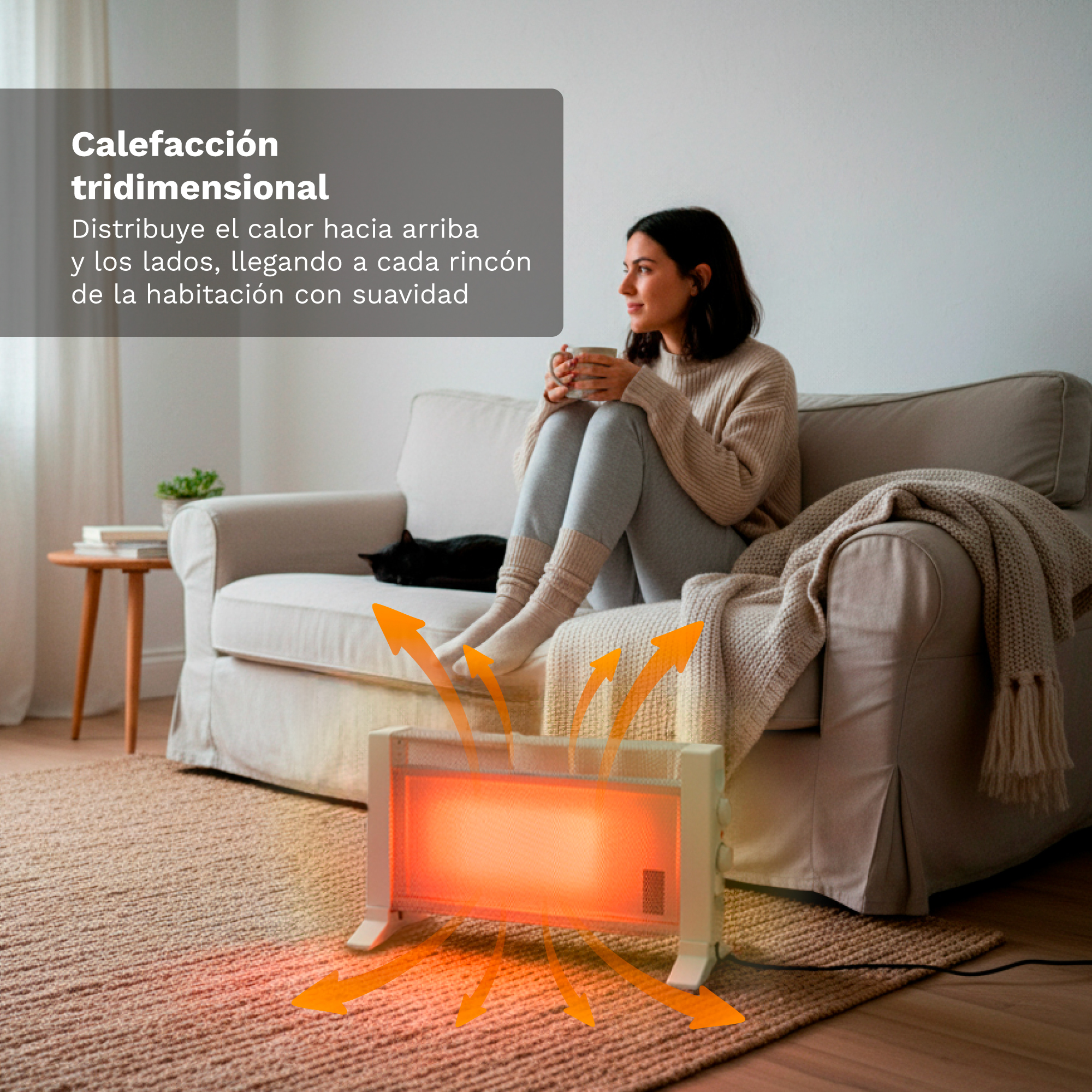 Una mujer está sentada en un sofá con una taza mientras un calefactor eléctrico enfrente emite calor hacia la habitación.