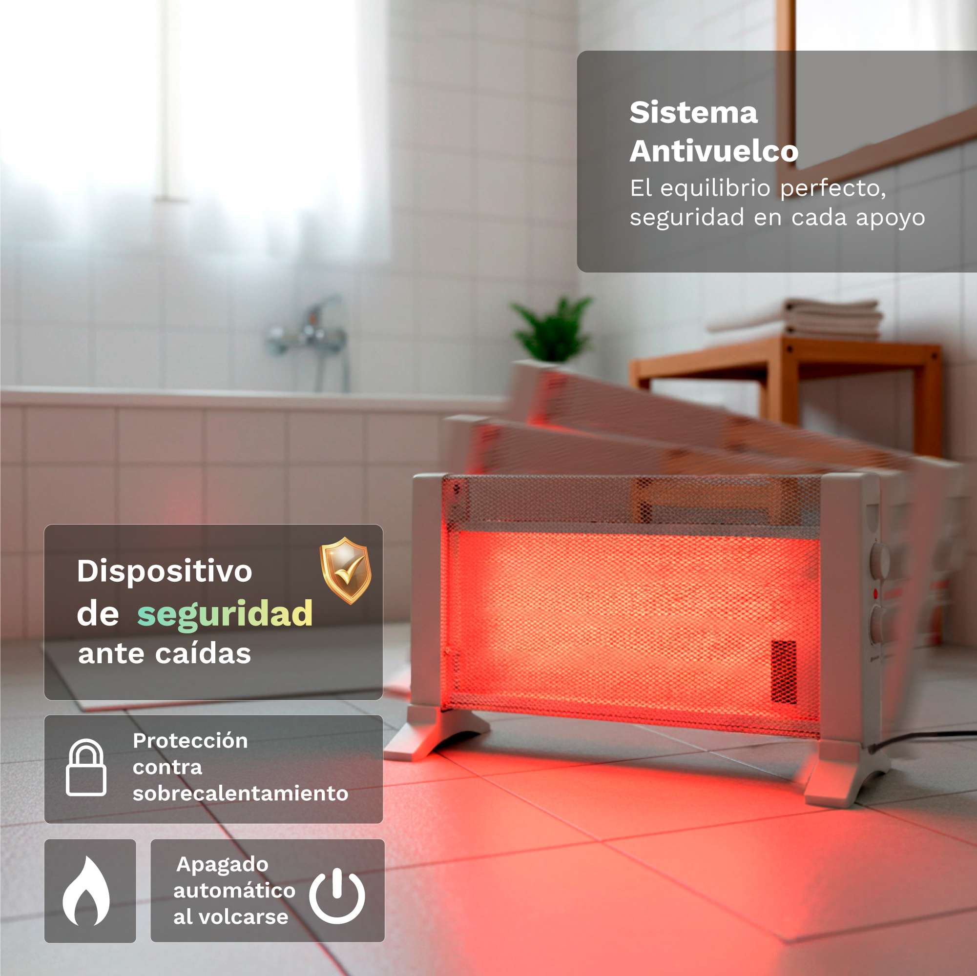 Un calefactor eléctrico rojo brillante en un baño con cuadros de texto que explican las funciones de seguridad antivuelco.