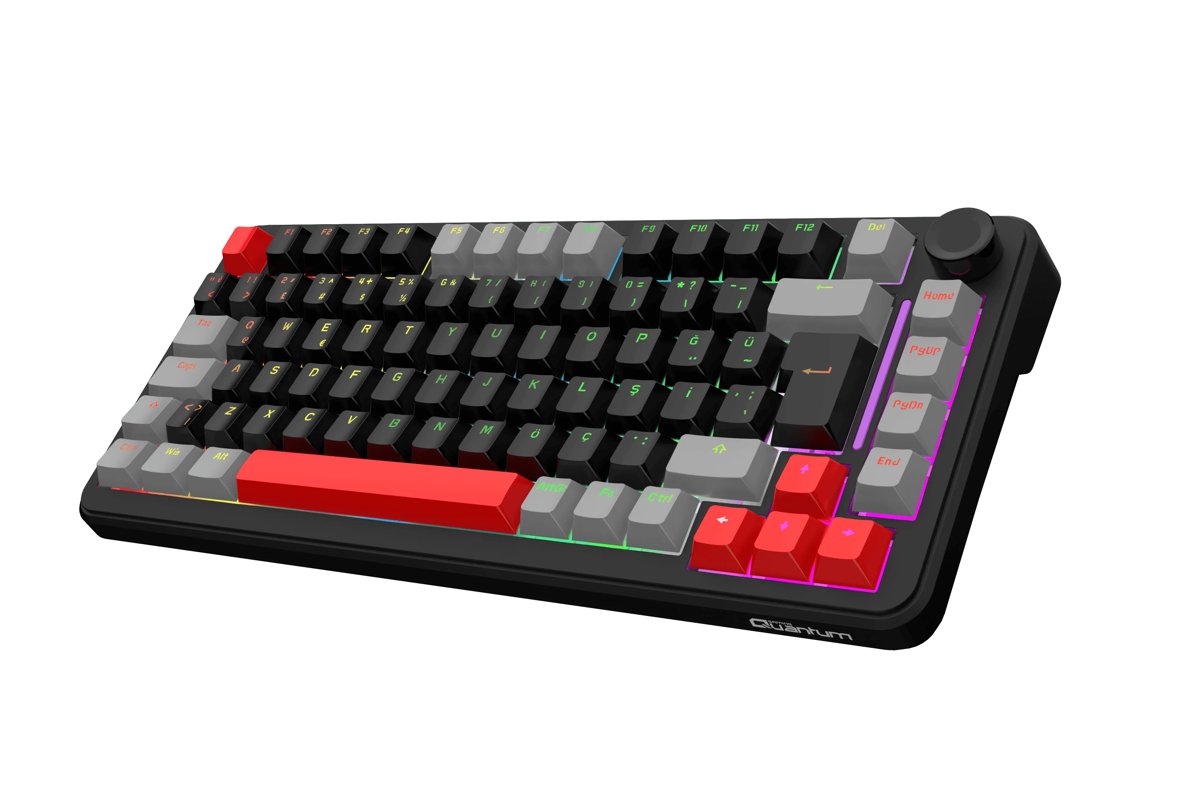 RGB arka aydınlatmalı, kırmızı, gri ve siyah tuş kapaklı ve sağ üstte ses kontrol düğmeli mekanik oyun klavyesi.