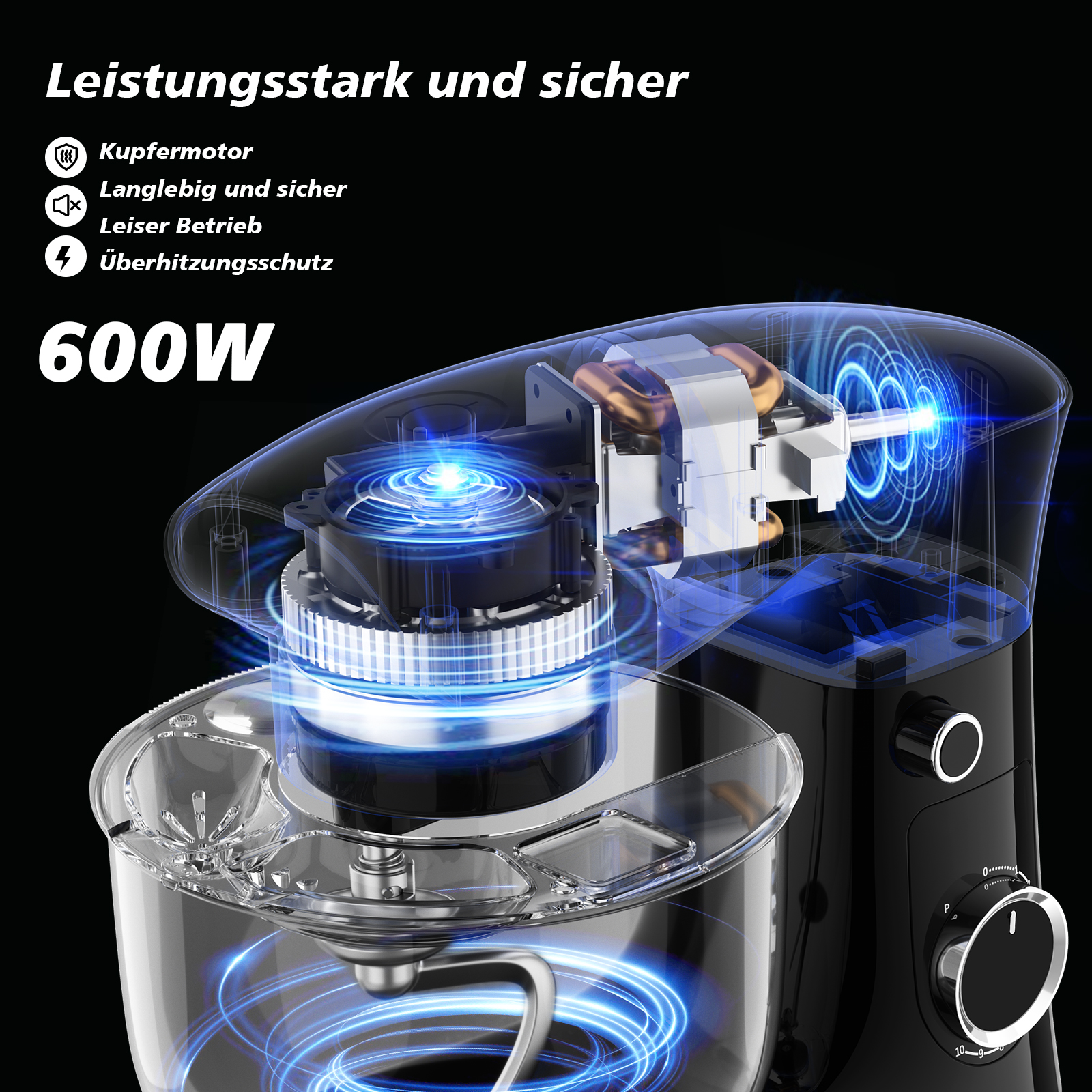 Röntgenansicht einer 600W Küchenmaschine mit internem Kupfermotor, Getriebe und Schüssel mit blauem Leuchteffekt.