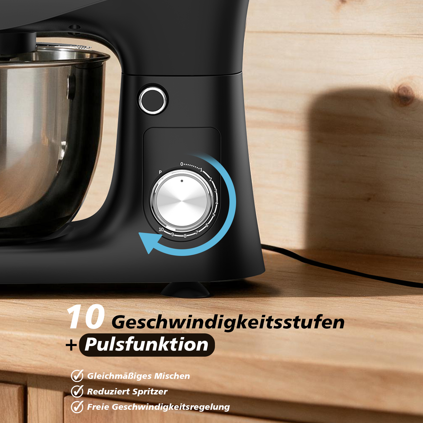 Schwarze Küchenmaschine auf Holzplatte mit silbernem Geschwindigkeitsregler und 10 Stufen.