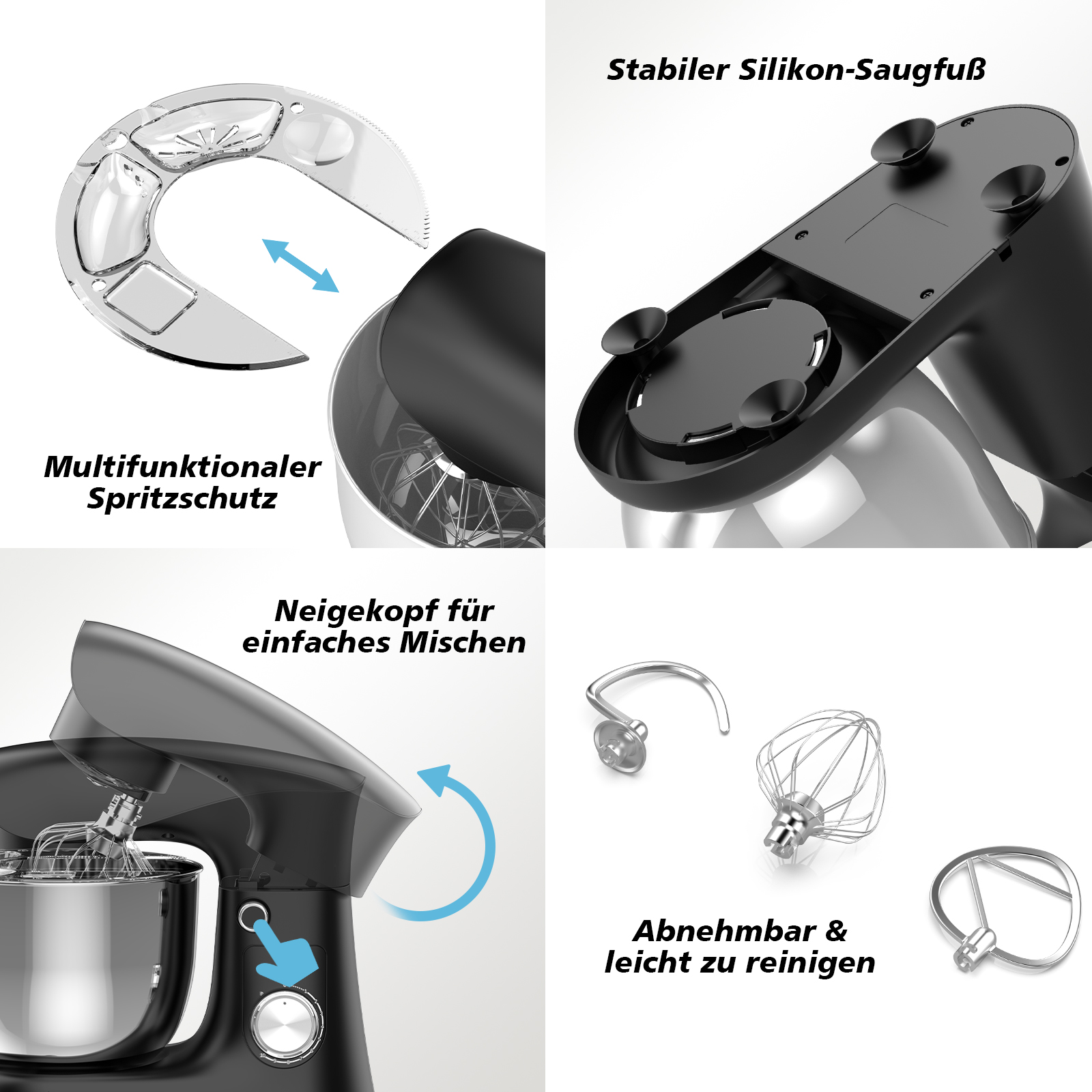 Vier Bilder zeigen Standmixer-Funktionen: Spritzschutz, Saugfüße, Neigekopf und Aufsätze.