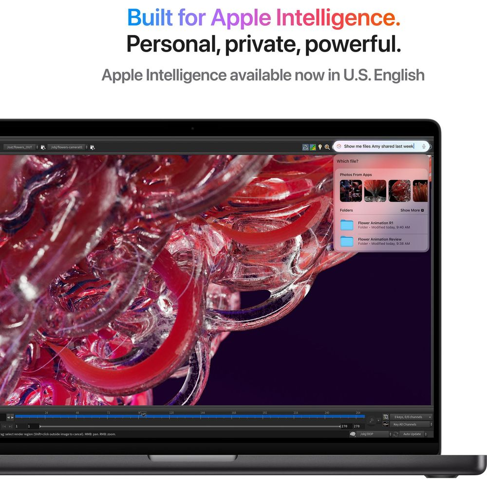 Un computer portatile mostra un software con animazioni rosse e testo Apple Intelligence.