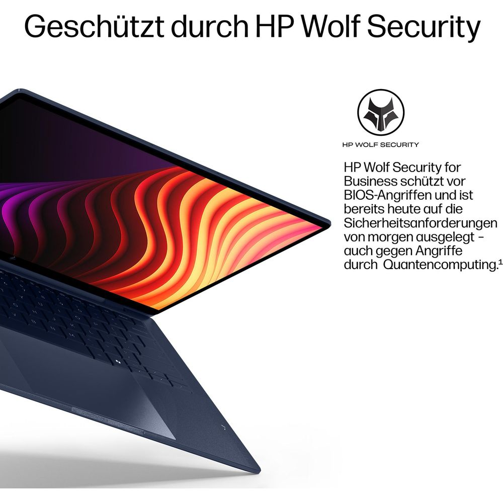Un ordinateur portable bleu avec écran coloré et texte HP Wolf Security.