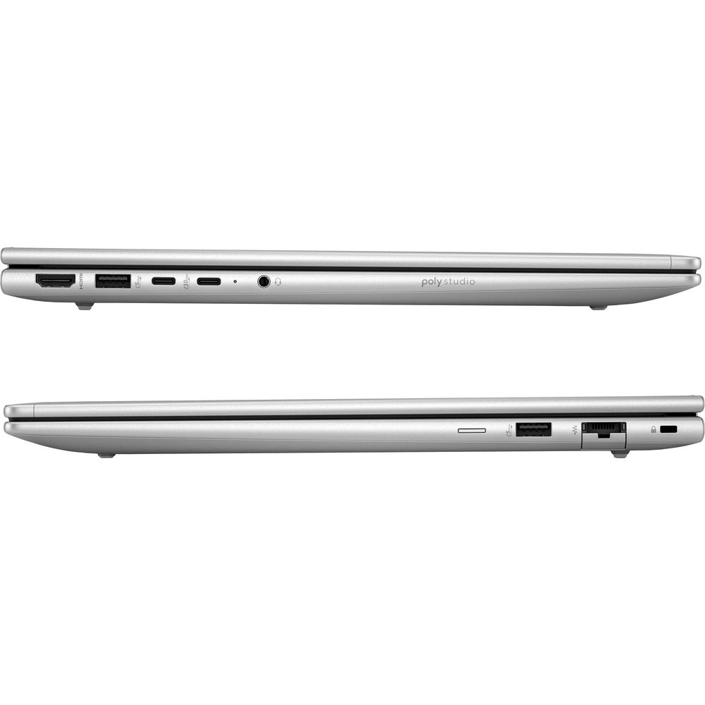 Côtés gauche et droit d'un ordinateur portable argenté avec des ports USB, HDMI et audio.