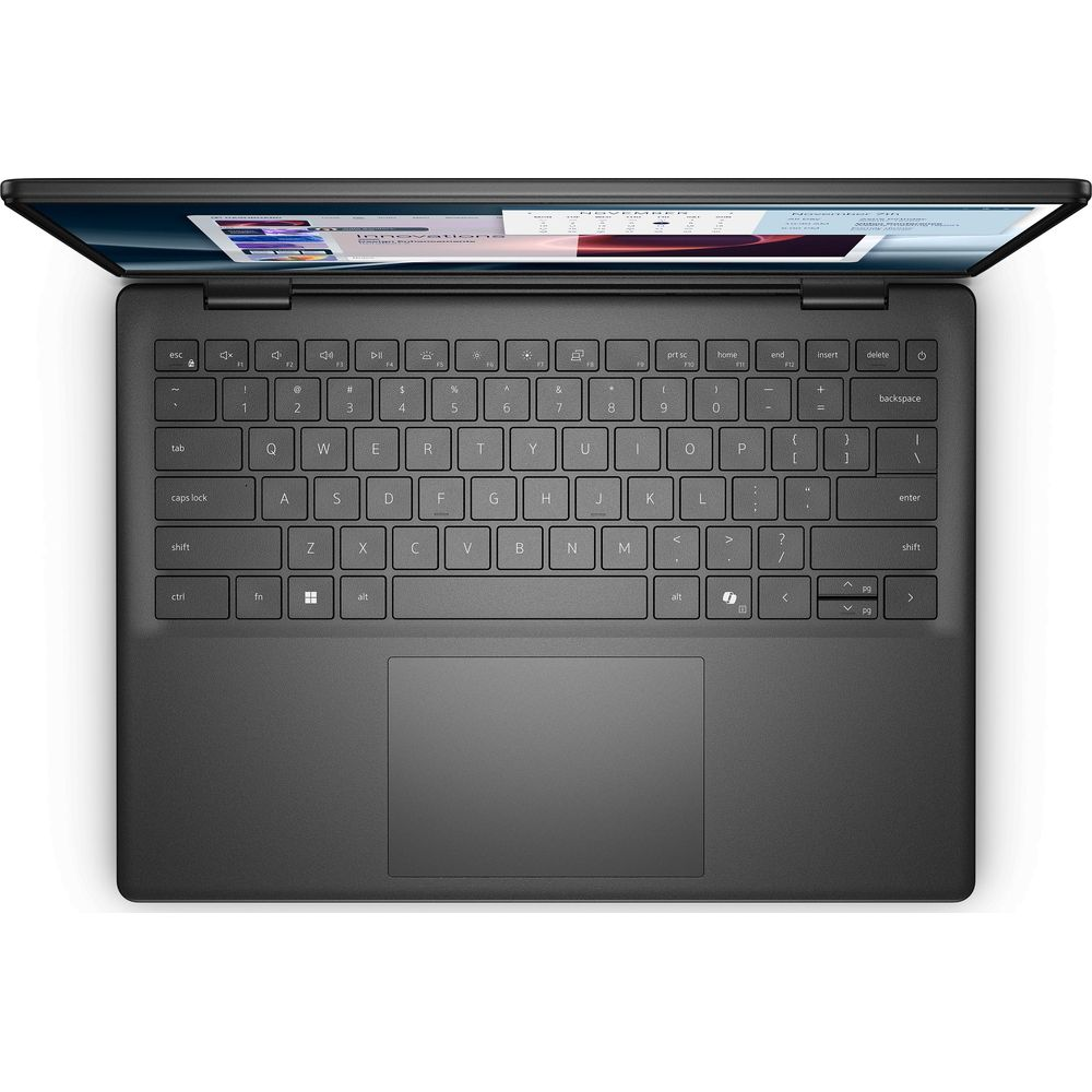 Vue de dessus d'un ordinateur portable noir avec clavier et écran ouvert.