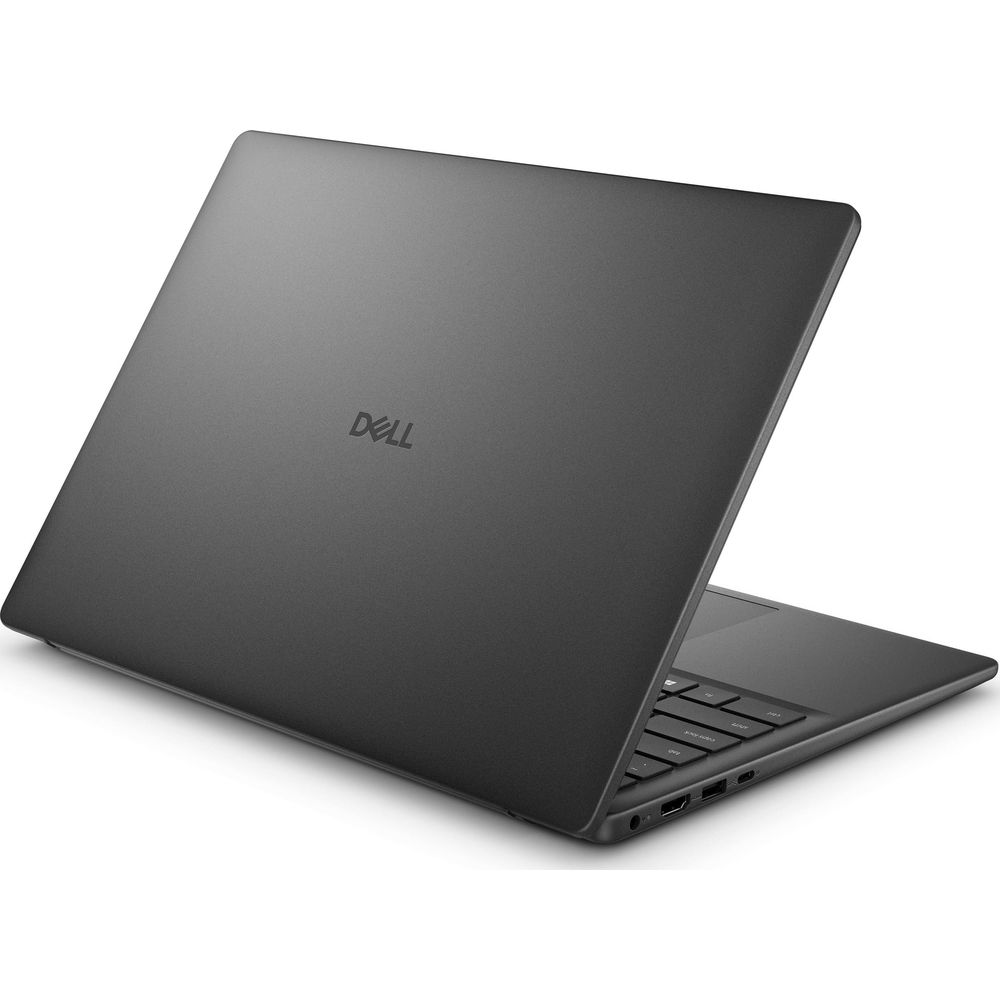 Un ordinateur portable Dell noir élégant vu de l'angle arrière, montrant le couvercle fermé avec le logo Dell.