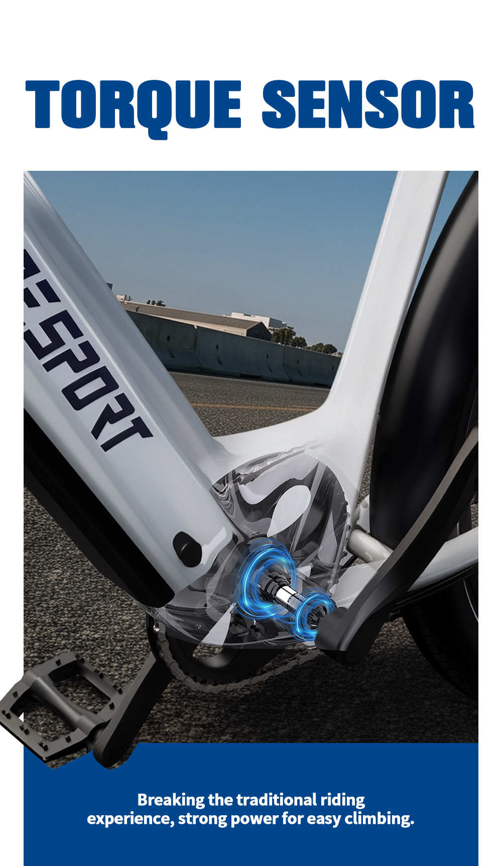 Un diagramma mostra il sensore di coppia di una e-bike con linee blu ondulate.