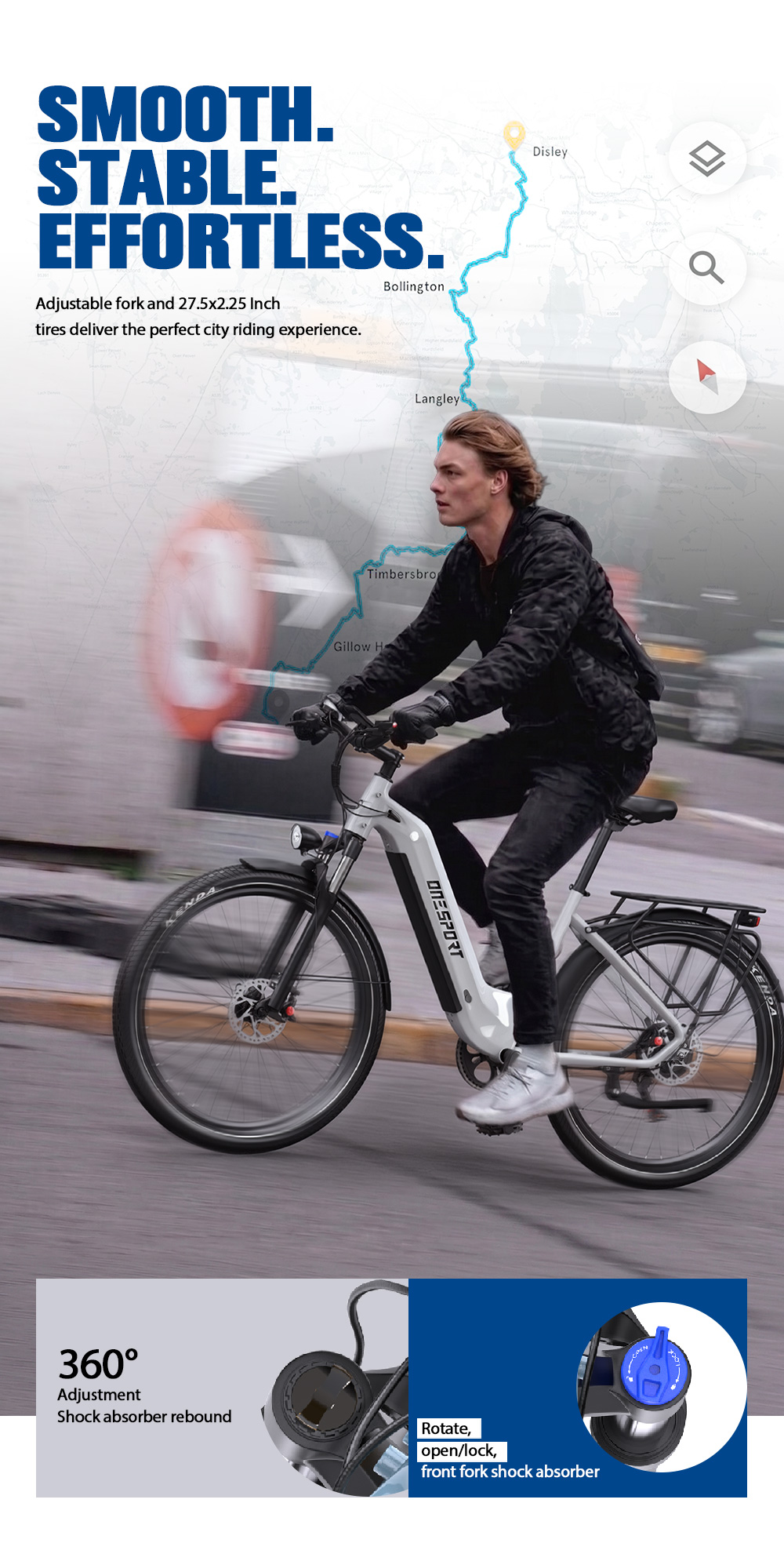 Un giovane guida una e-bike bianca in città, con una mappa sovrapposta.