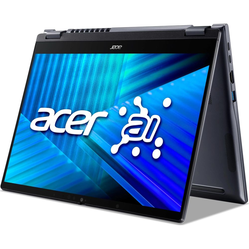Un ordinateur portable Acer gris en mode tente affiche un écran bleu avec le logo Acer.