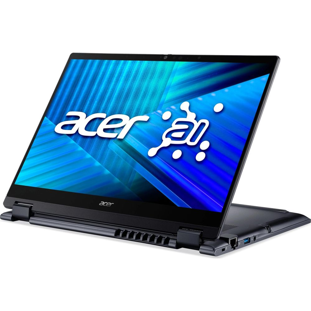 Un ordinateur portable Acer noir avec un écran bleu sur fond blanc.