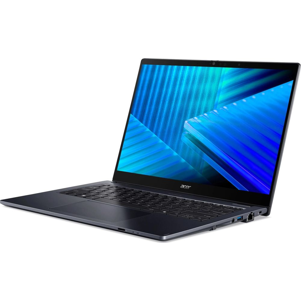 Un ordinateur portable Acer sombre ouvert avec un écran bleu abstrait posé sur une surface blanche.