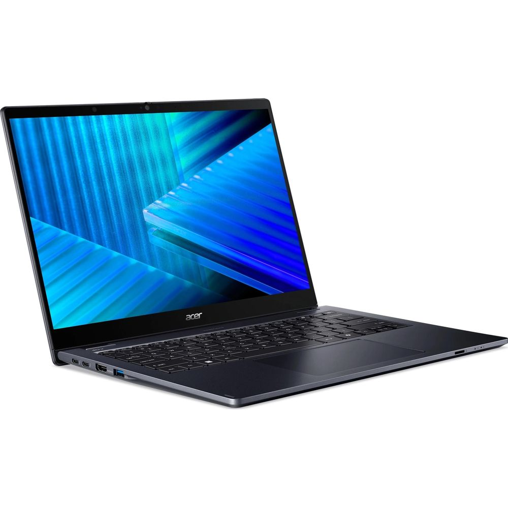 Un ordinateur portable Acer noir sur fond blanc avec un fond d'écran abstrait bleu.