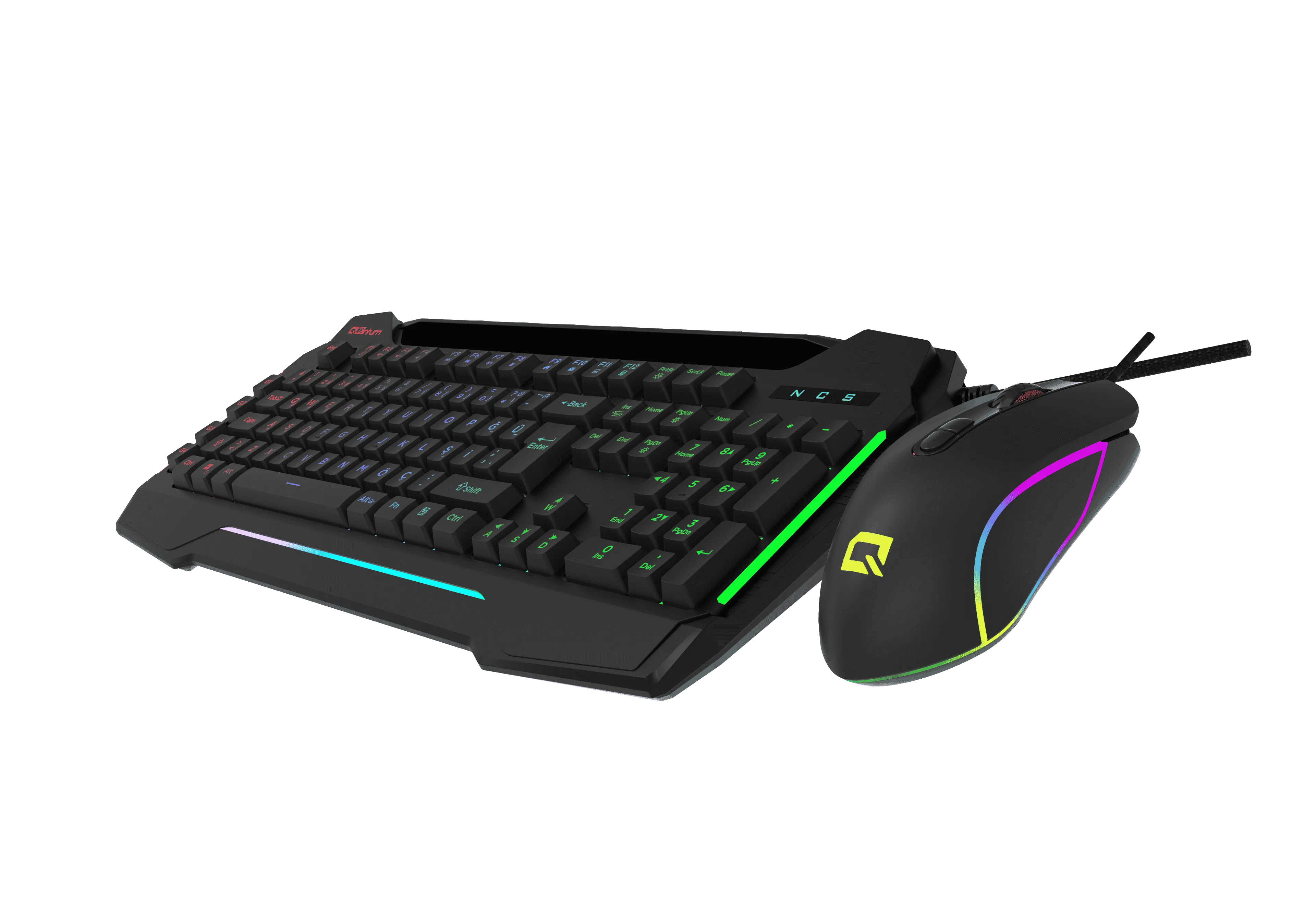 Siyah arka plan önünde canlı RGB aydınlatmalı siyah oyuncu klavyesi ve fares.