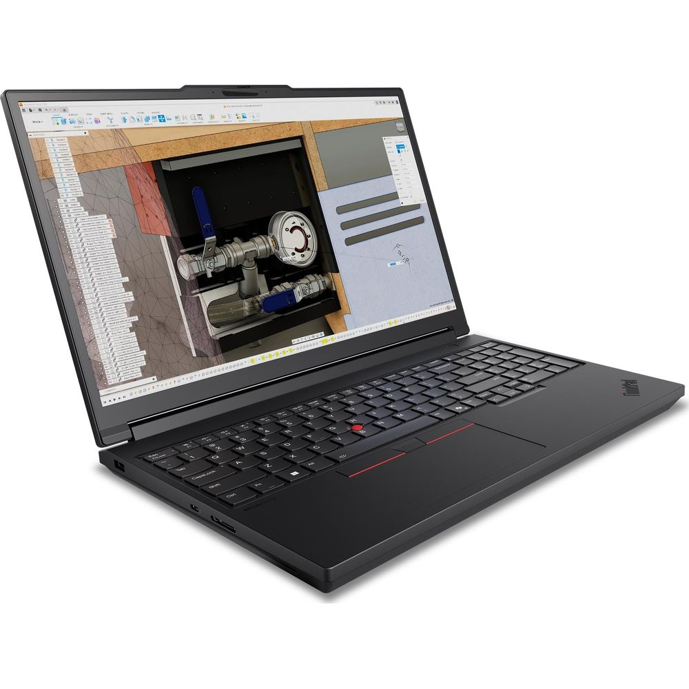 Un computer portatile nero mostra un design CAD 3D di macchinari sullo schermo su sfondo bianco.