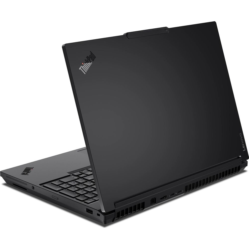 Un computer portatile Lenovo ThinkPad nero è mostrato leggermente aperto su una superficie bianca.