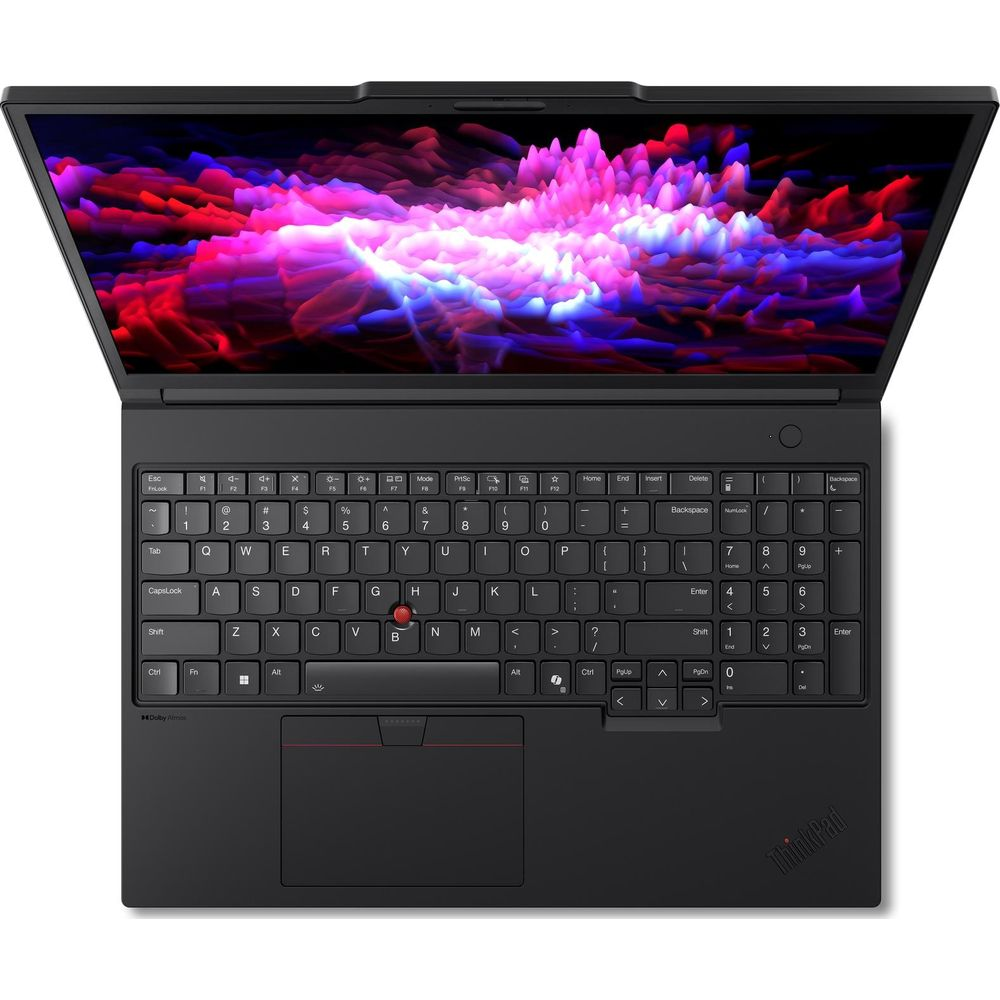 Un computer portatile nero mostra uno schema astratto vibrante in rosa e blu sullo schermo.