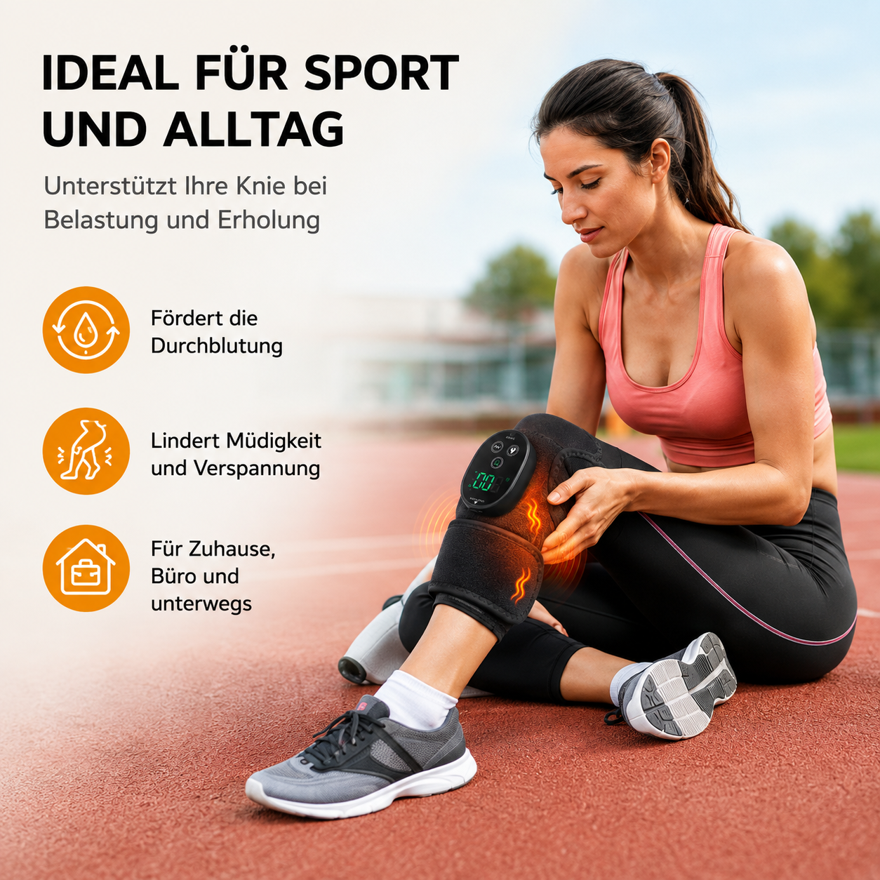 Eine Frau sitzt auf einer Laufbahn und legt ein beheiztes Kniegerät an, mit Text über gesundheitliche Vorteile.