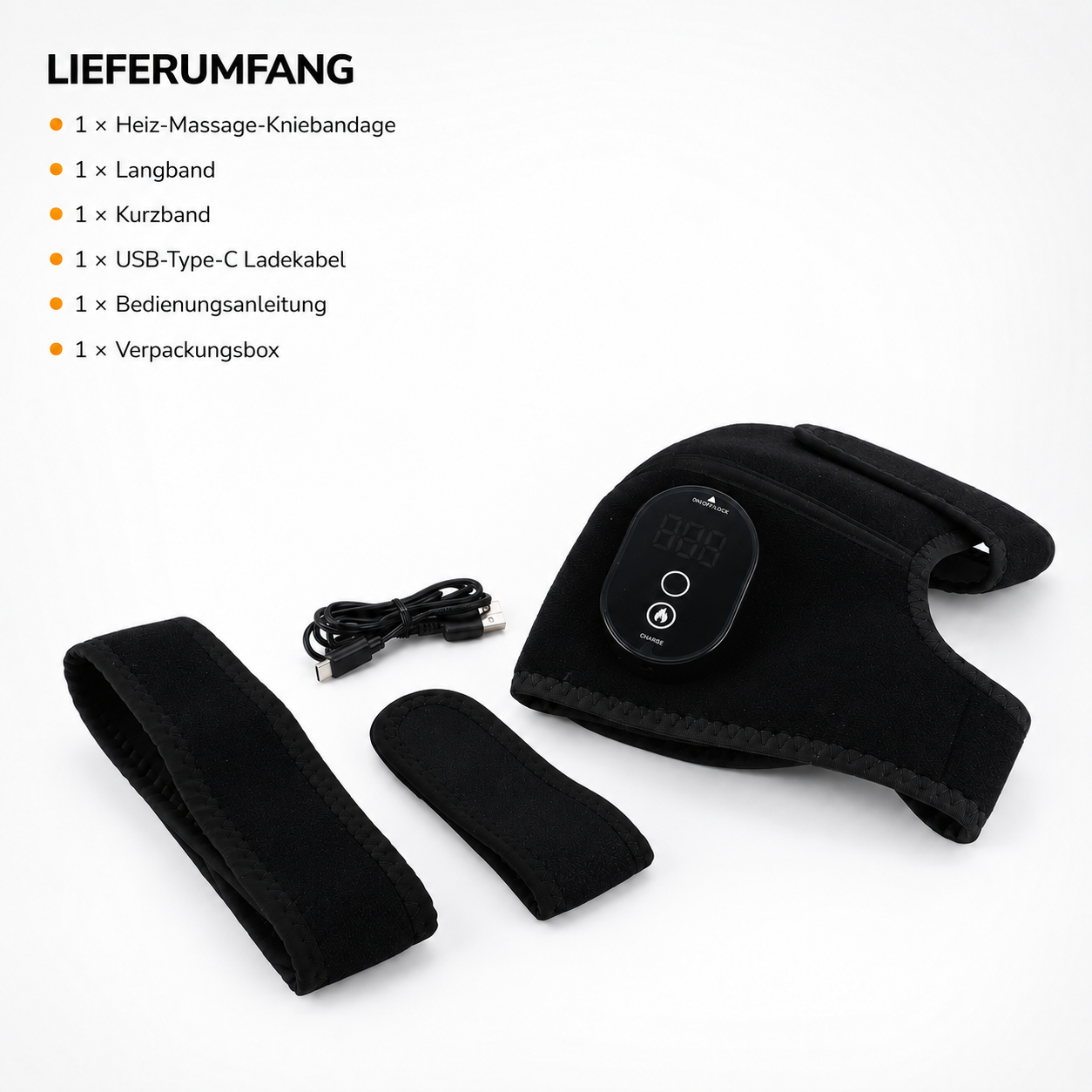 Schwarze beheizbare Kniebandage mit Gurten und USB-C-Kabel auf weißem Hintergrund mit Inhaltsangabe.