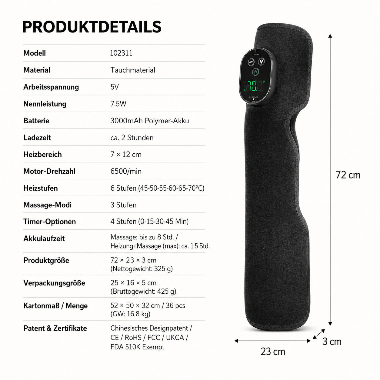 Produktdetails für ein schwarzes Massage- und Heizgerät mit Maßen 72x23x3 cm und technischer Ausstattung.