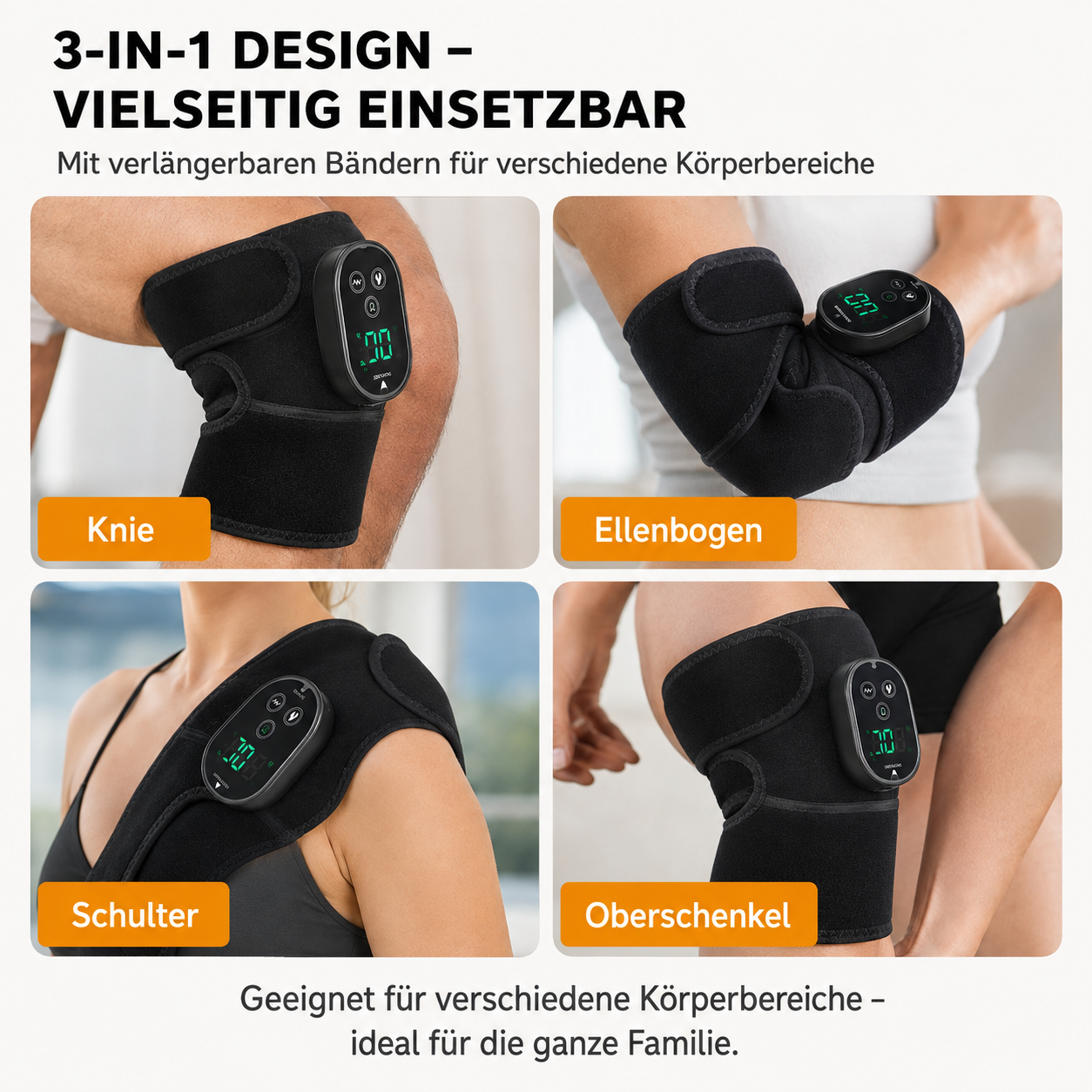 Vier Bilder zeigen eine schwarze Wärmemanschette mit Display an Knie, Ellenbogen, Schulter und Oberschenkel.