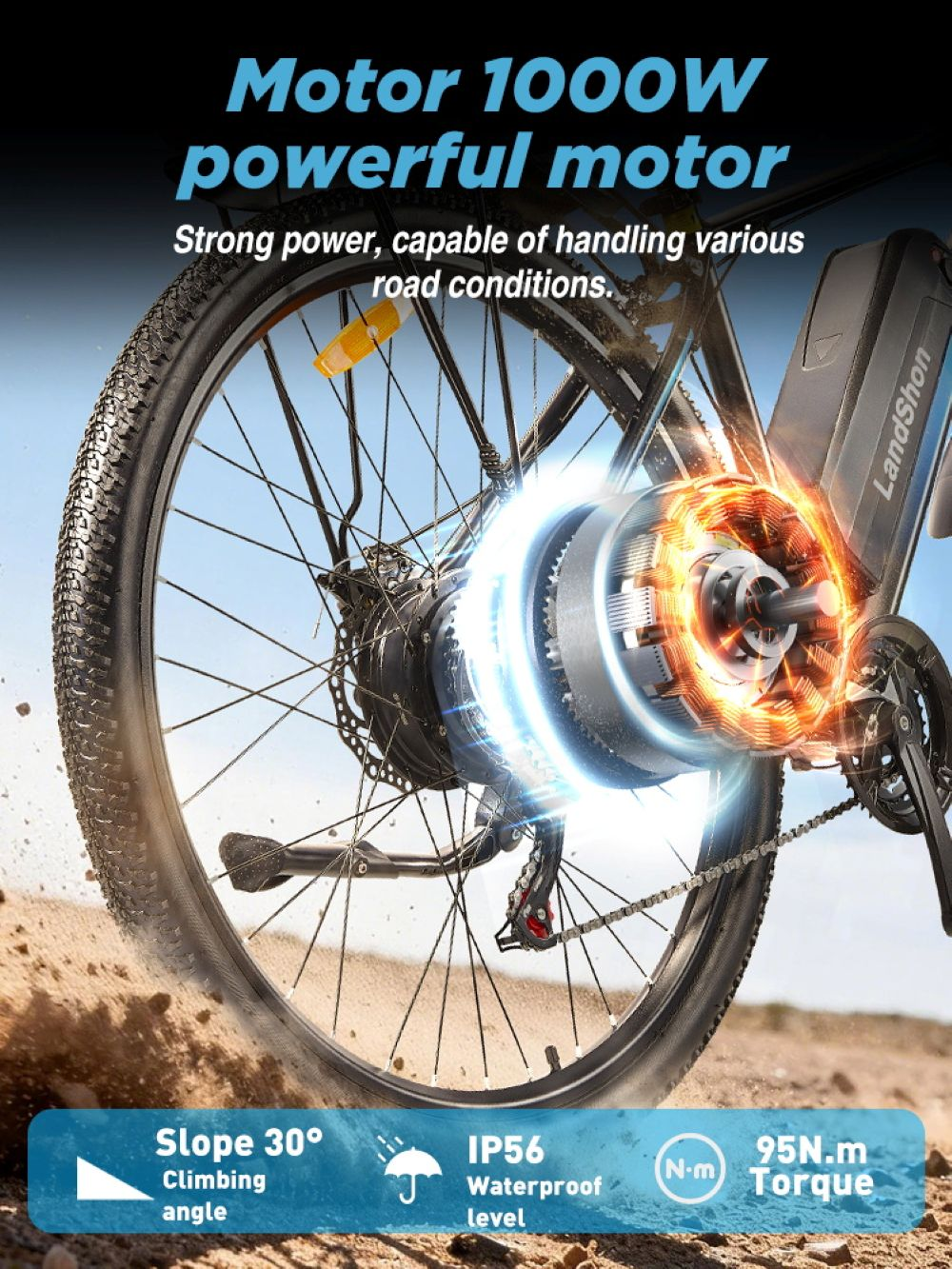 Primo piano della ruota posteriore di una e-bike con motore elettrico luminoso che solleva polvere.
