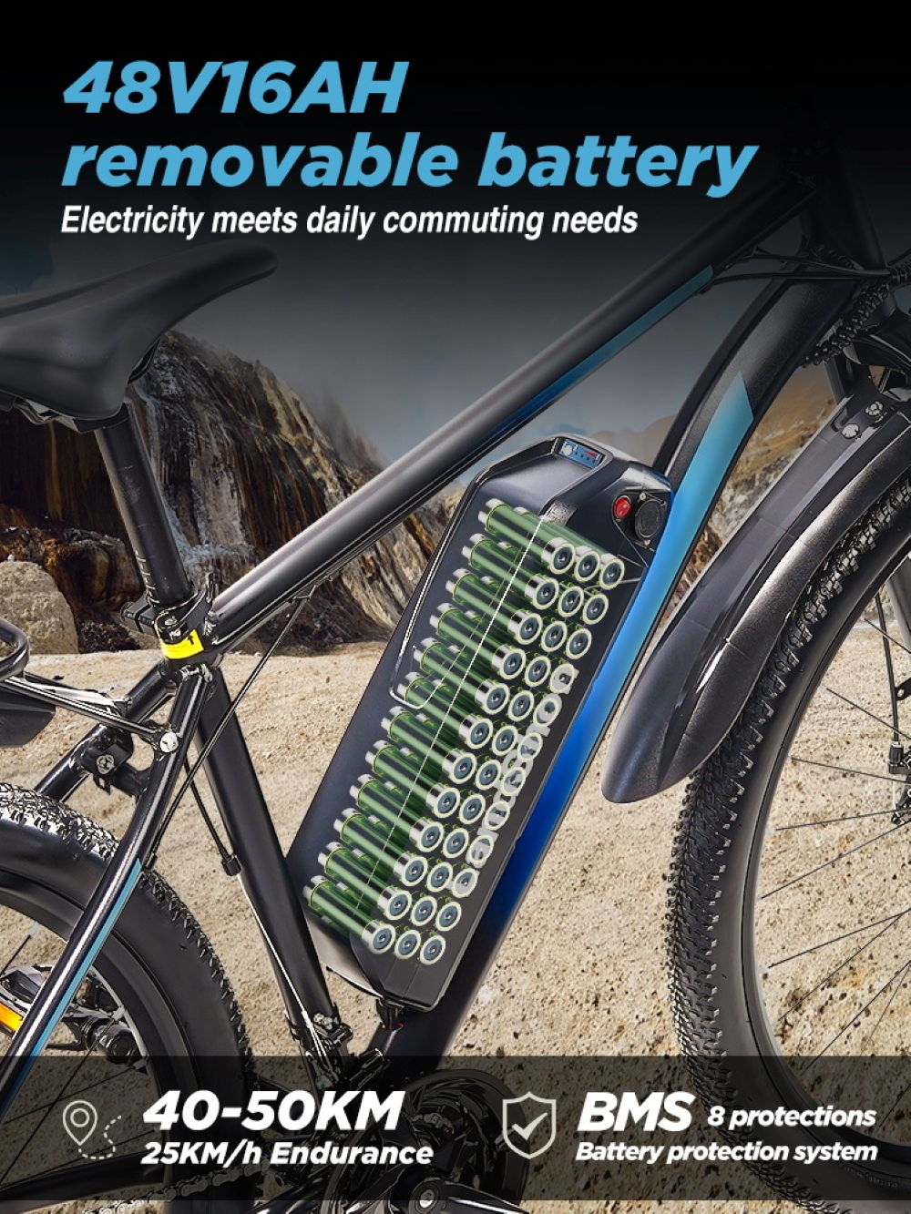 Una bici elettrica nera con batteria trasparente che mostra celle cilindriche verdi su sfondo roccioso.
