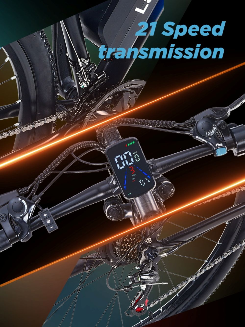 Parti di bicicletta che mostrano trasmissione a 21 velocità, display digitale e manubrio.