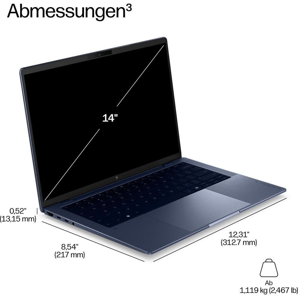 Ordinateur portable bleu foncé avec dimensions : écran 14 pouces, épaisseur 0,52", largeur 12,31", profondeur 8,54", poids dès 1,119 kg.