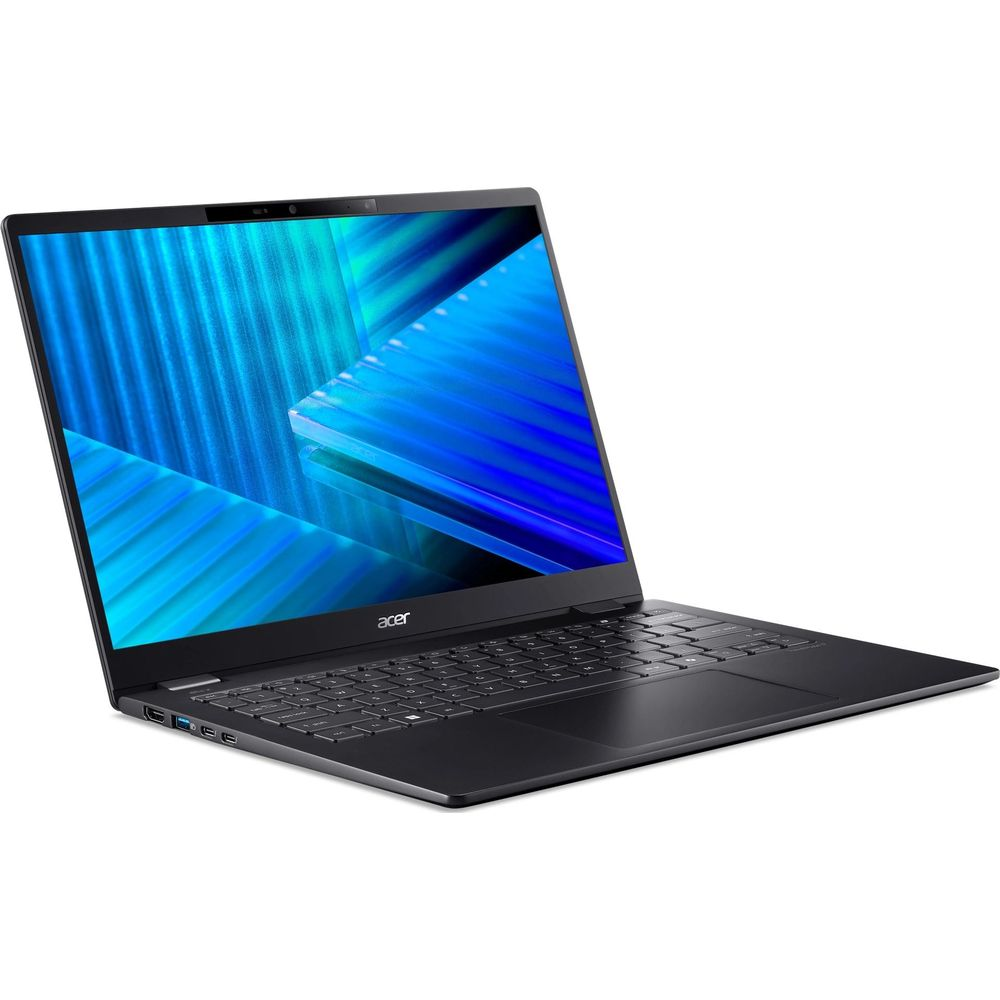 Un laptop Acer nero è mostrato aperto su sfondo bianco, con uno sfondo astratto blu brillante.