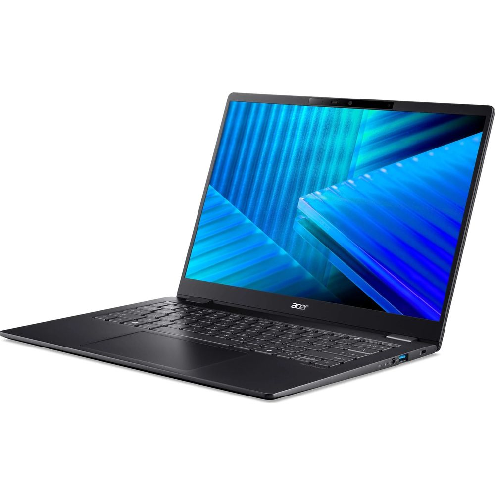 Un computer portatile Acer nero aperto mostra uno schermo con motivo blu astratto su sfondo bianco.