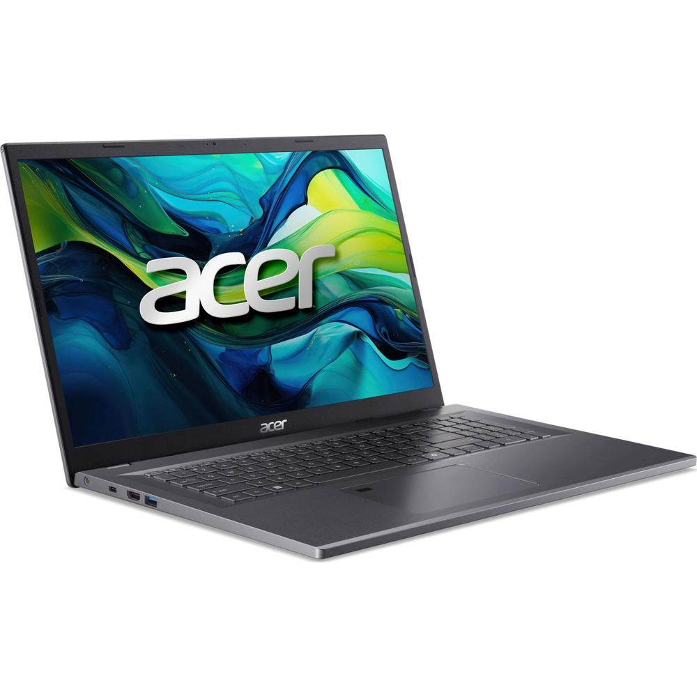 Un laptop Acer grigio scuro aperto con uno sfondo astratto blu e verde su sfondo bianco.