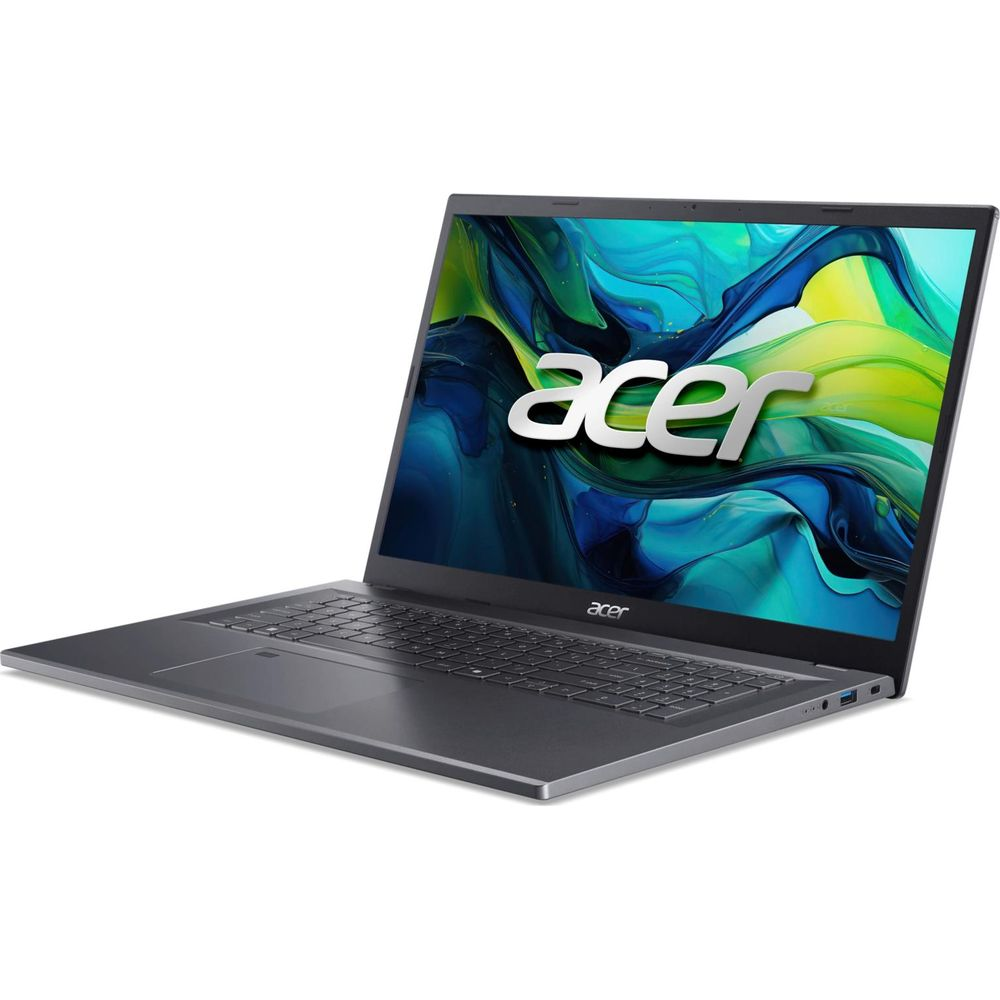 Un computer portatile Acer grigio su sfondo bianco, con uno sfondo astratto blu e verde.