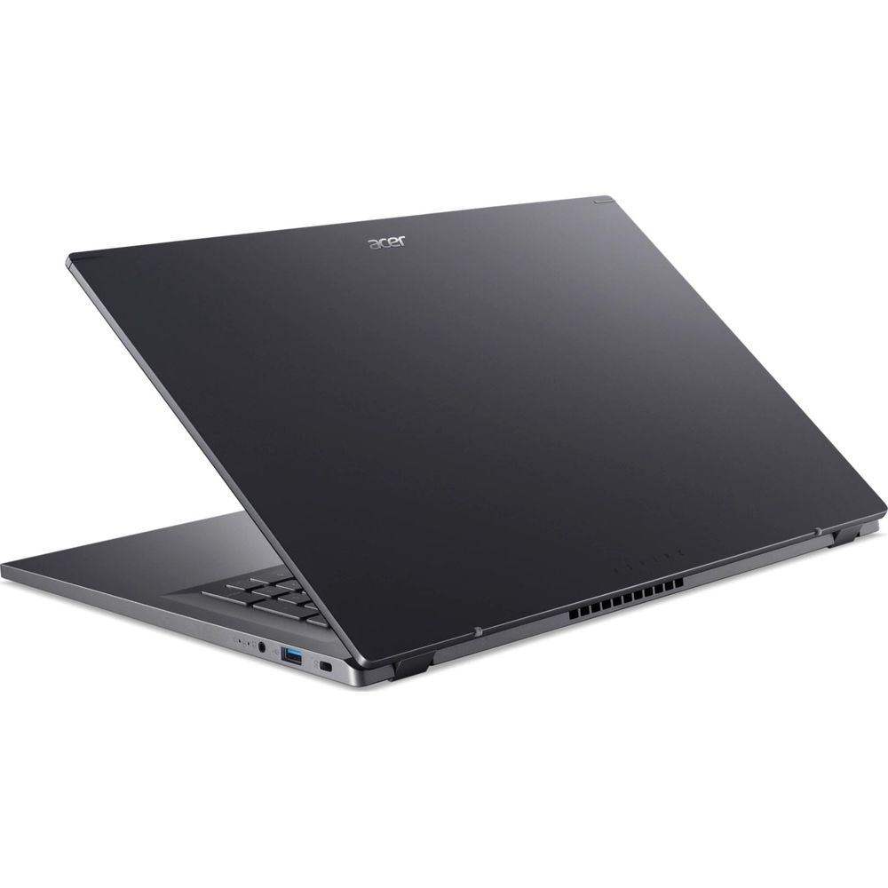 Un laptop Acer grigio su sfondo bianco, che mostra le porte laterali e il coperchio del display chiuso.