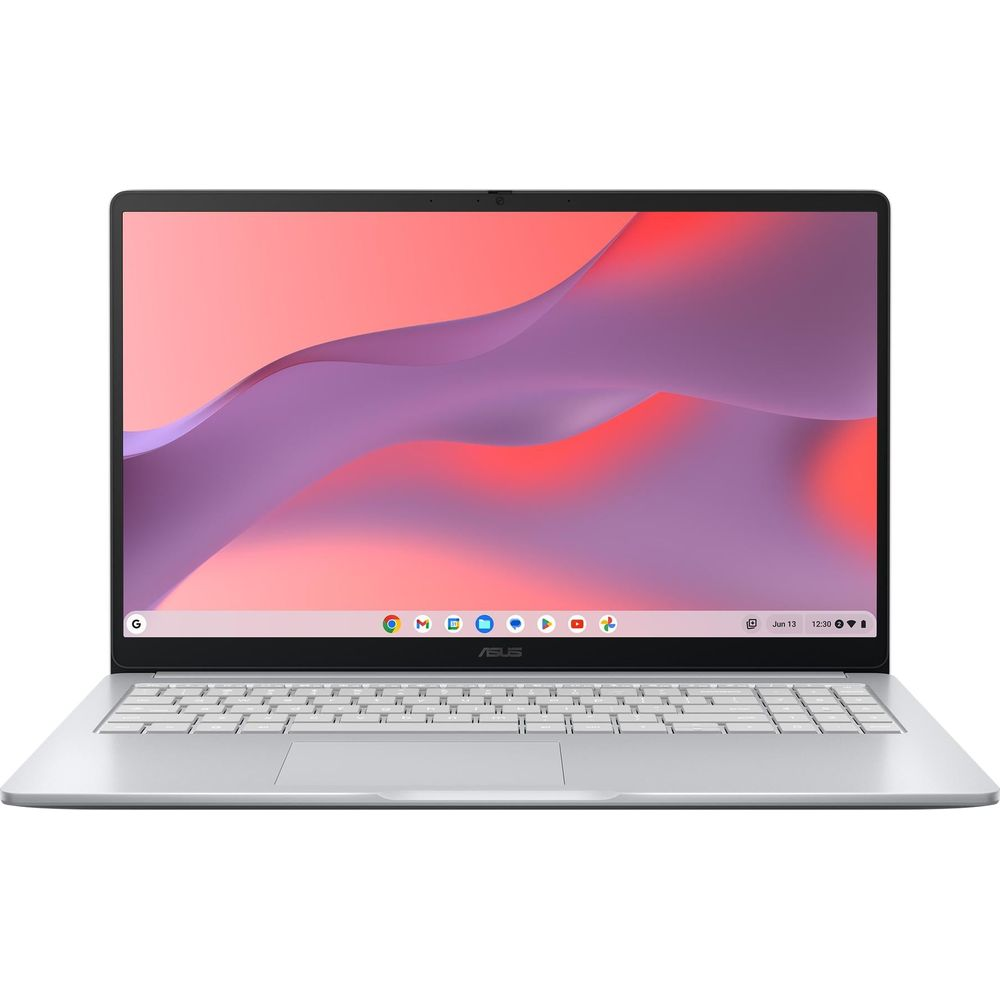 Un laptop Asus argento con schermo aperto mostra uno sfondo astratto rosa e viola.