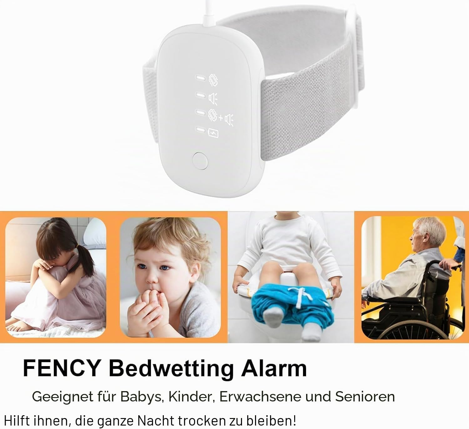 Ein FENCY Bettnässalarm mit weißem Armband und Symbolen, darunter Fotos von Kindern und einem Senior.