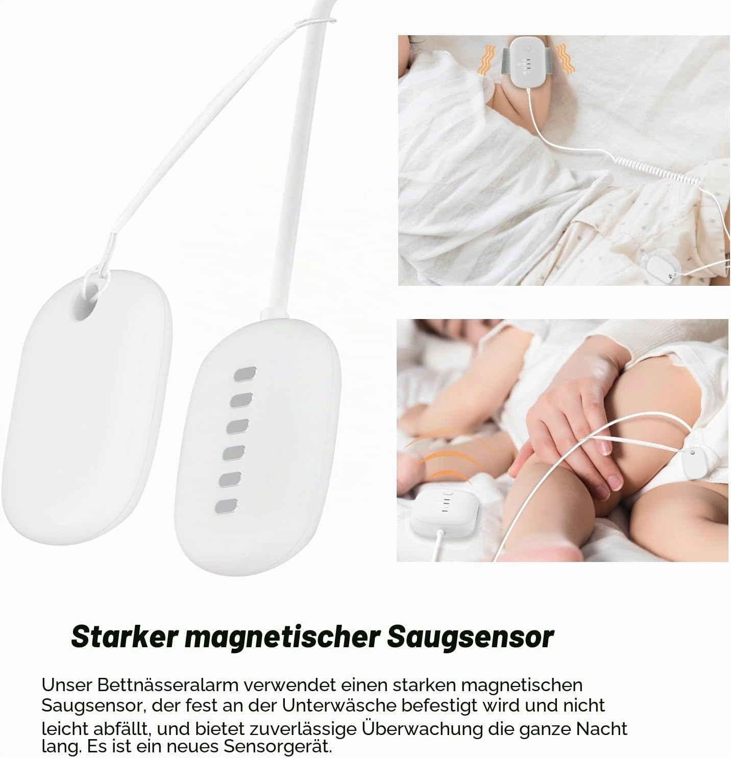 Starker magnetischer Saugsensor für Bettnässalarm mit weißem Design und Kabeln, an Unterwäsche und Kind befestigt.