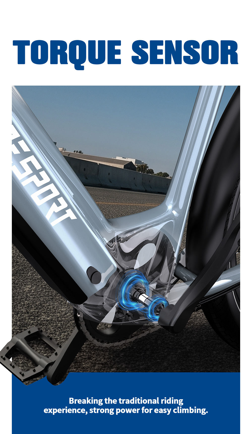 Primo piano di un sensore di coppia per e-bike che evidenzia l'area del movimento centrale con anelli blu.