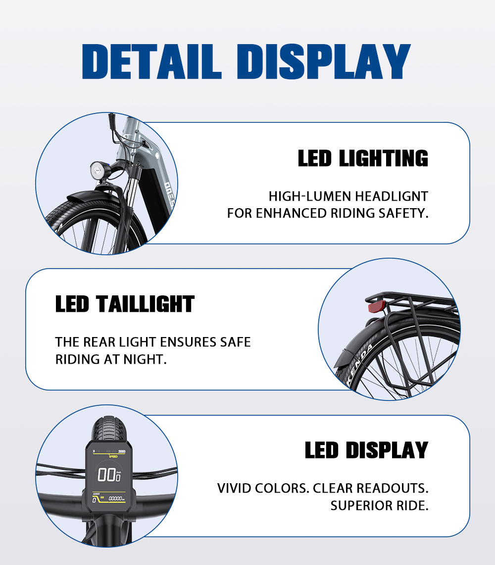 Dettagli e-bike con illuminazione LED, fanale posteriore e display LED.