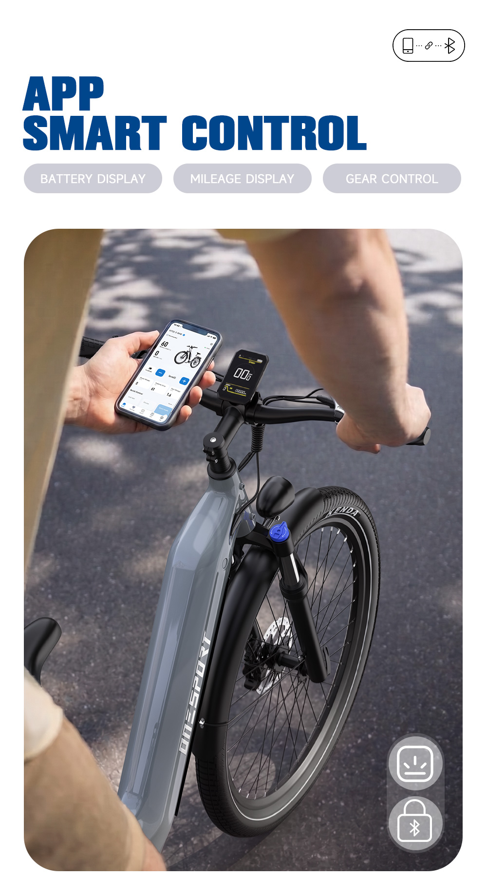 Persona che tiene uno smartphone con app di controllo per e-bike mentre guida su strada.