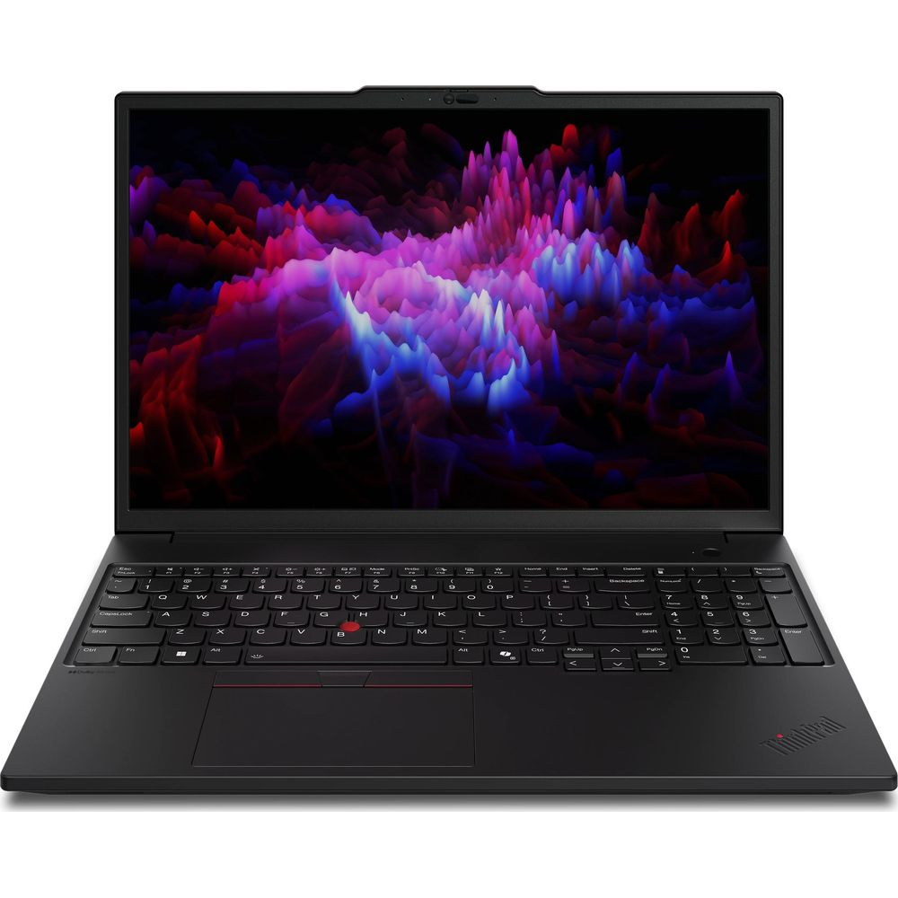Un computer portatile nero con uno sfondo astratto colorato viola e rosso sullo schermo.