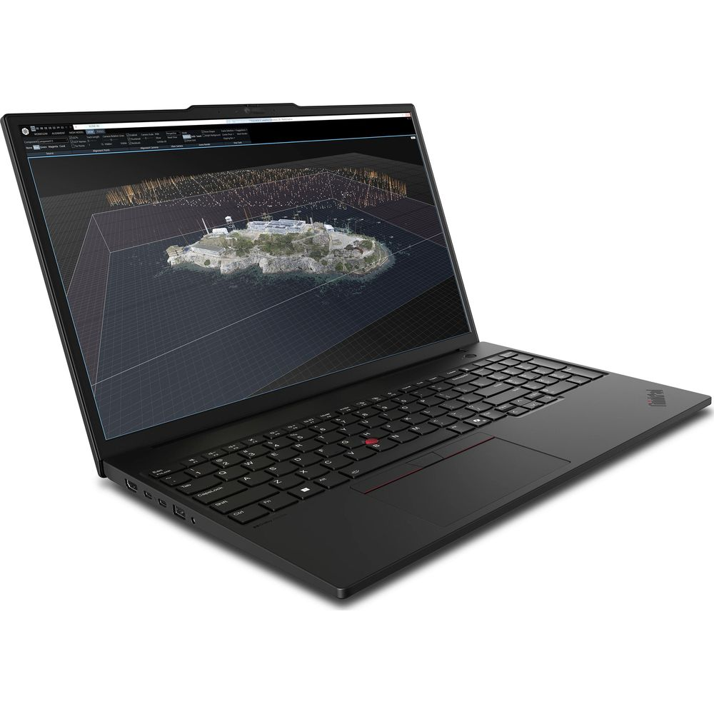 Un computer portatile nero mostra un modello di isola 3D sullo schermo, su sfondo bianco.