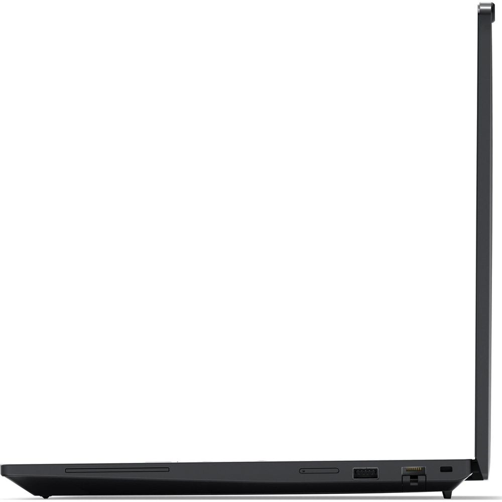 Vista laterale di un laptop nero chiuso con porte visibili sul lato inferiore.