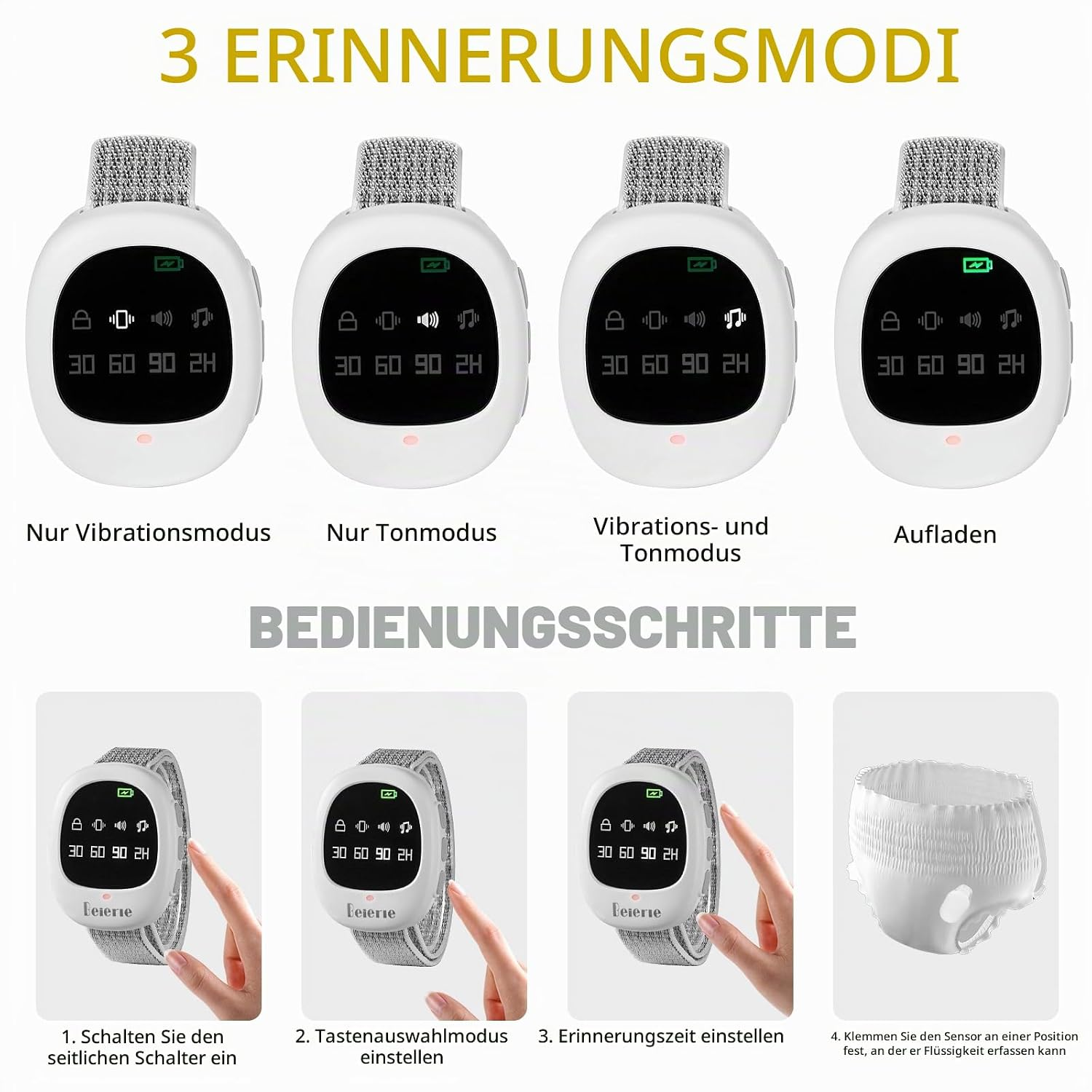 Anleitung für drei Erinnerungsmodi und Bedienungsschritte eines weißen Feuchtigkeitssensors mit Armband.